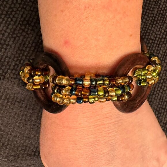 Beaded Bracelet Boho Wide Wood bohemian  Chartreuse Peridot Green Brown BLue - Picture 1 of 4